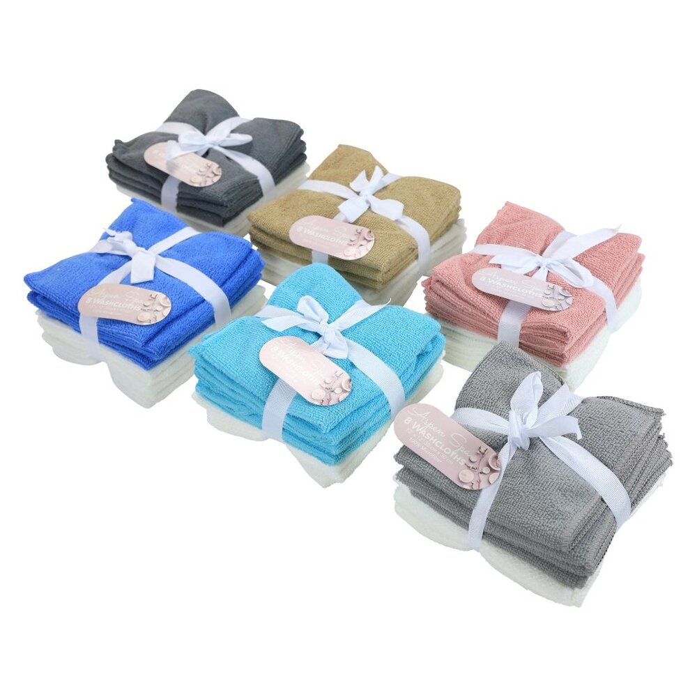 Hotel Spa 8-Piece Washcloth Sets,  Microfiber, Gray with White, 12x12 in.